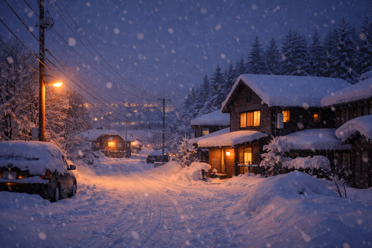 Quiet winter evening in Hokkaido, Japan, showing a snow-covered residential street with warm lights from homes, representing everyday winter life and silence