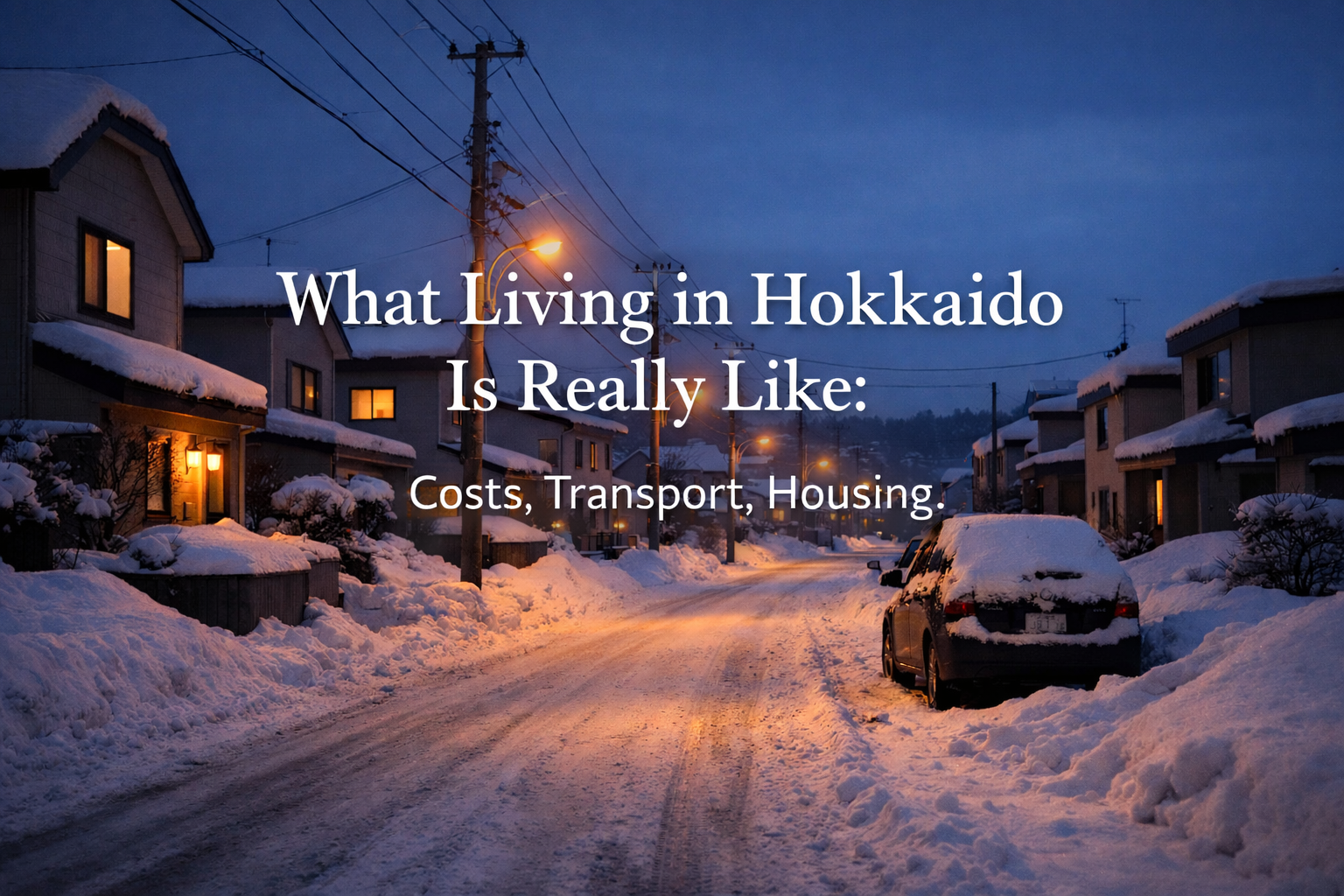 Quiet winter evening in a residential area of Hokkaido, showing snow-covered streets, warm house lights, and the title “What Living in Hokkaido Is Really Like: Costs, Transport, Housing”.